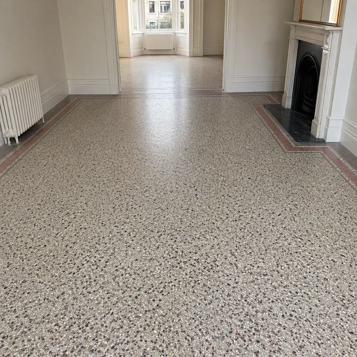 Period terrazzo fireplace and hearth, grinding and honing, Bloomsbury