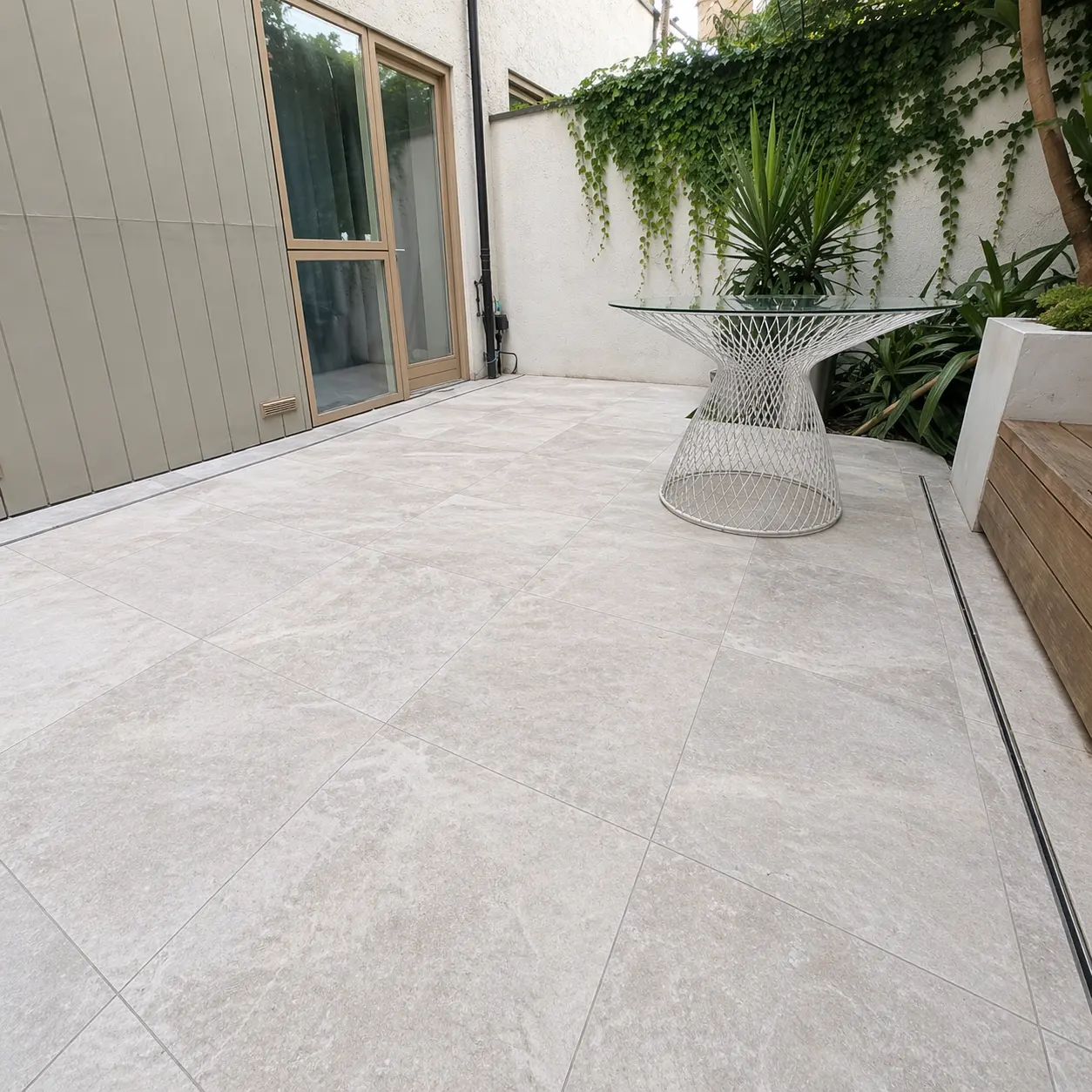 Travertine patio, deep clean, void-fill and hone