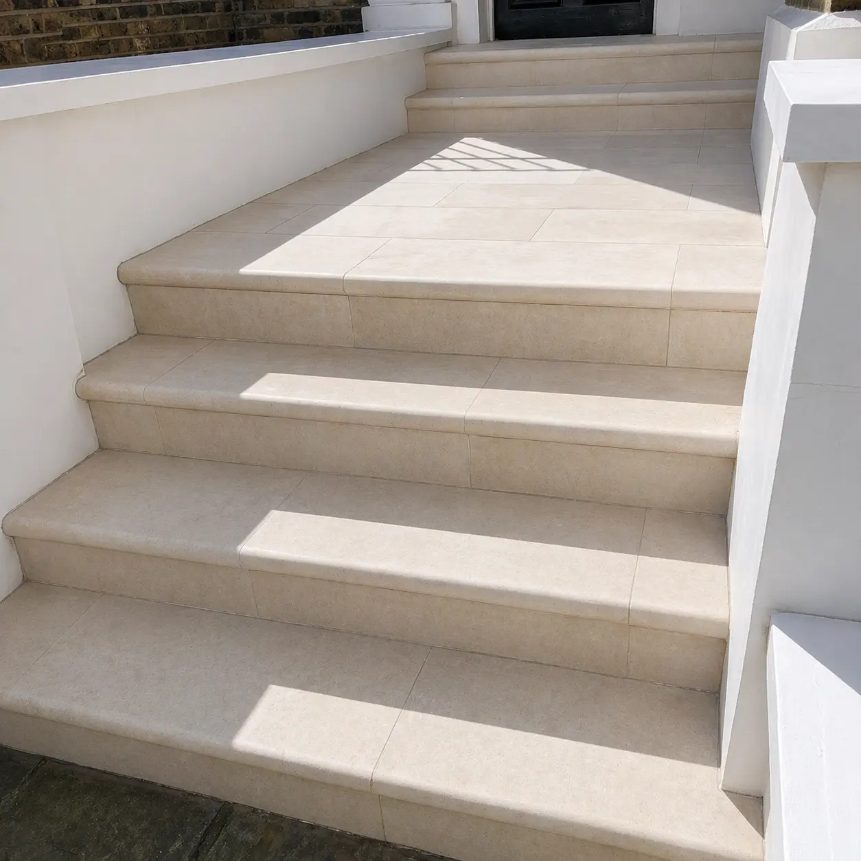Travertine entrance stairs, deep clean, void-fill and hone